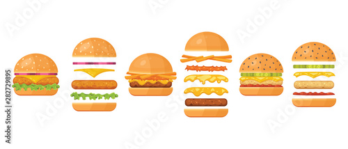 Vector ingredients for classic burger isolated on white. Ingredients: bun, cutlet, cheese, bacon, sauce, buns, tomato, onion, cucumbers, beefs ham. Fast food ingredient for burgers.
