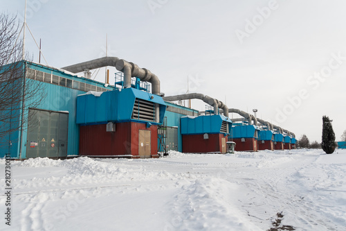 Winter view on gas compressor station in Ukraine. The equipment at gas field