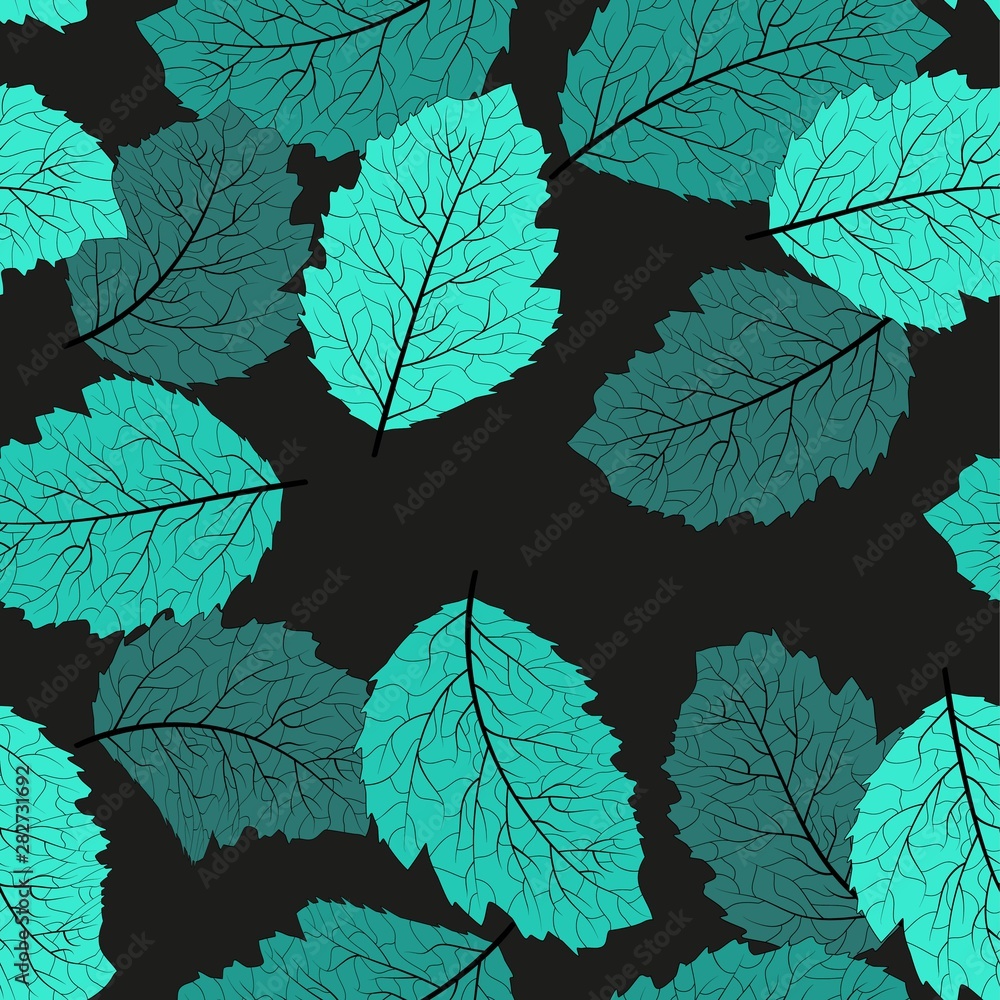 Beautiful abstract pattern with blue autumn leaves on light background. Vector seamless pattern.