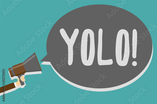 Conceptual hand writing showing Yolo. Business photo text stand for You only live once popular phase among students and teens Man holding megaphone loudspeaker speech bubble message speaking