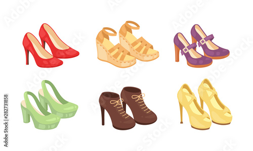 Set of woman shoes vector icons isolated on white background. Fashion footwear design collection.