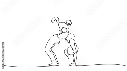 One line drawing. Woman doing yoga with cat