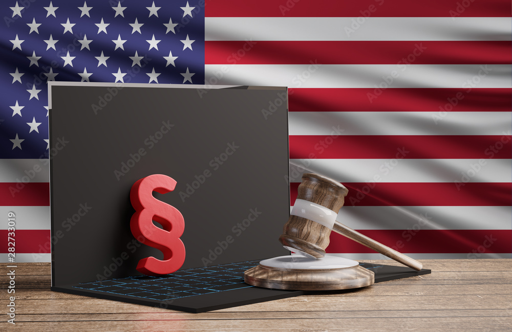 computer with wooden judge gavel and red paragraph in front of a flag of the United States of America 3d-illustration