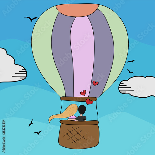 Valentine day concept illustration. Couple flying in big air baloon. Man woman in love hugs. Romantic travel trip. Blue sky background with fluffy clouds. Vector design illustration.