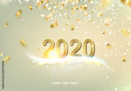 Happy new year card over gray background with golden confetti. Text sign 2020 year. Vector illustration.