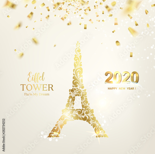 Eiffel tower icon with Golden confetti falls isolated over white background and sign Paris Eiffel Tower France. Vector illustration.