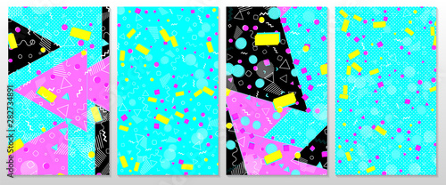 Set of memphis pattern. Pop art color background.