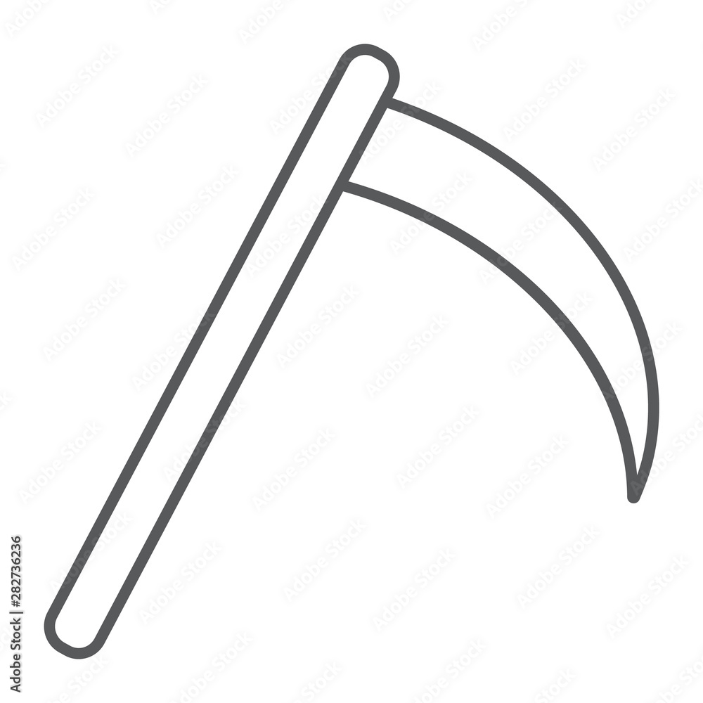 Scythe thin line icon, halloween and blade, reaper sign, vector graphics, a linear pattern on a white background. Scythe thin line icon, halloween and blade, reaper sign, vector graphics, a linear pattern on a white background.