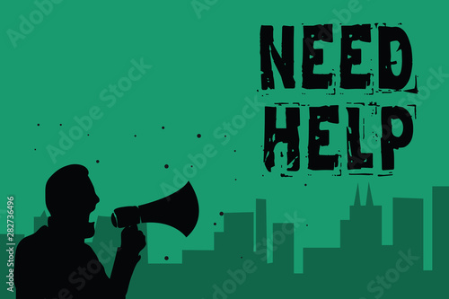 Word writing text Need Help. Business concept for When someone is under pressure and cannot handle the situation Man holding megaphone speaking politician making promises green background photo