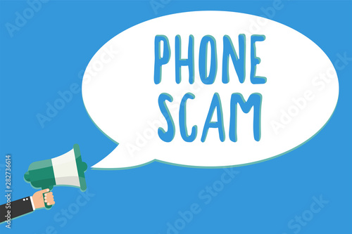Text sign showing Phone Scam. Conceptual photo getting unwanted calls to promote products or service Telesales Man holding megaphone loudspeaker speech bubble message speaking loud