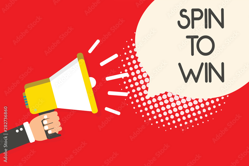 Text sign showing Spin To Win. Conceptual photo Try your luck Fortune Casino Gambling Lottery Games Risk Man holding megaphone loudspeaker speech bubble red background halftone Text sign showing Spin To Win. Conceptual photo Try your luck Fortune Casino Gambling Lottery Games Risk Man holding megaphone loudspeaker speech bubble red background halftone