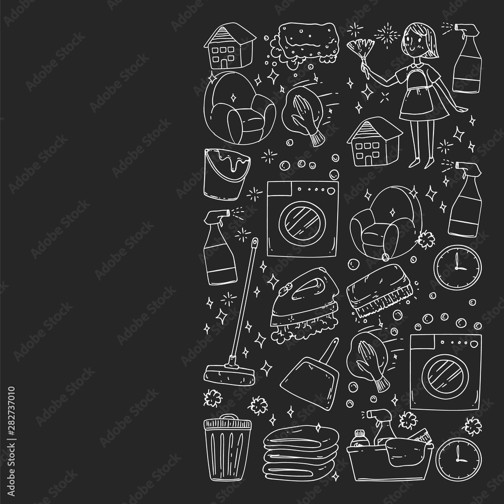 cleaning services company vector monochrome pattern on black background, drawing chalk.