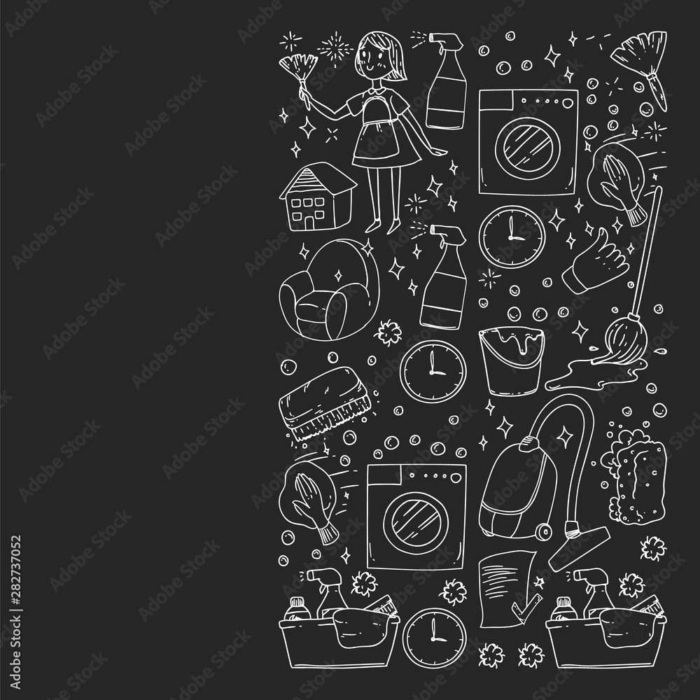 cleaning services company vector monochrome pattern on black background, drawing chalk.