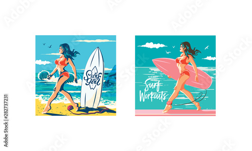 Canvas Print surfing girl walking in the beach looking at the waves keep the surf, surfer gir