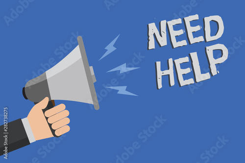 Word writing text Need Help. Business concept for When someone is under pressure and cannot handle the situation Man holding megaphone loudspeaker blue background message speaking loud photo