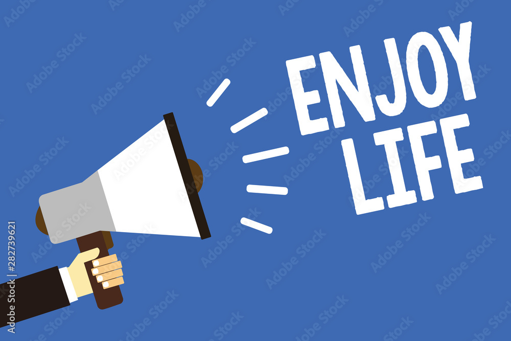 Handwriting text writing Enjoy Life. Concept meaning Any thing, place,food or person, that makes you relax and happy Man holding megaphone loudspeaker blue background message speaking loud Handwriting text writing Enjoy Life. Concept meaning Any thing, place,food or person, that makes you relax and happy Man holding megaphone loudspeaker blue background message speaking loud