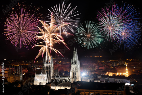 Fireworks for celebration, over famous gothic cathedral of Burgos, Spain .