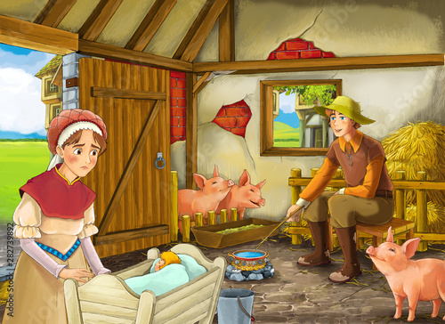 Cartoon scene with farmer rancher or disguised prince and woman or wife in the barn pigsty illustration for children