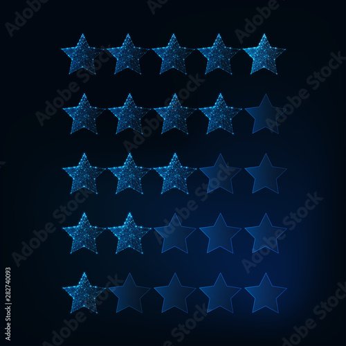 One to five stars rating system. Futuristic glowing low polygonal stars.