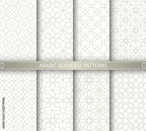 Set light geometrical patterns. White, beige grille texture in Arabic, Oriental style. A seamless vector background.