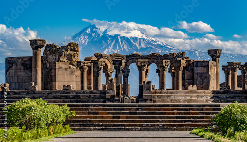 Ruins of the Zvartnos temple in Yerevan, Armenia, with Mt Ararat in the background photo