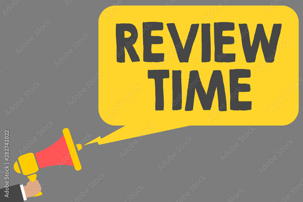Word writing text Review Time. Business concept for situation or system its formal examination by people authority Man holding megaphone loudspeaker speech bubble message speaking loud Word writing text Review Time. Business concept for situation or system its formal examination by people authority Man holding megaphone loudspeaker speech bubble message speaking loud