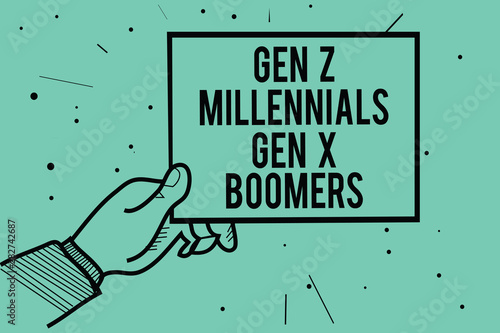 Text sign showing Gen Z Millennials Gen X Boomers. Conceptual photo Generational differences Old Young people Man hand holding paper communicating information dots turquoise background