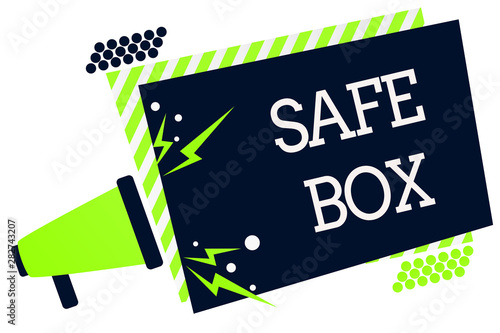 Conceptual hand writing showing Safe Box. Business photo showcasing A small structure where you can keep important or valuable things Megaphone green striped frame important message speak loud photo