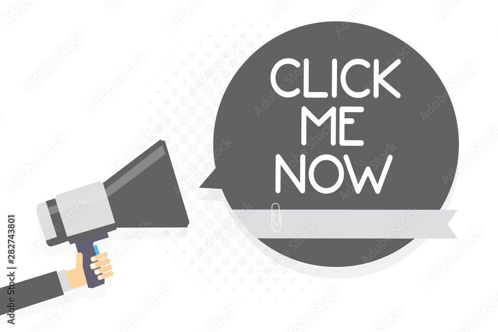 Word writing text Click Me Now. Business concept for Internet helping desk Press the button Online Icon Nertwork Man holding megaphone loudspeaker gray speech bubble white background Word writing text Click Me Now. Business concept for Internet helping desk Press the button Online Icon Nertwork Man holding megaphone loudspeaker gray speech bubble white background