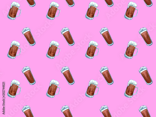 Beer icons seamless pattern hop branch, wooden barrel, glass of beer, beer can, bottle cap, beer mug, barley . Oktoberfest background.