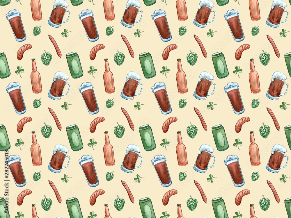 Beer icons seamless pattern hop branch, wooden barrel, glass of beer, beer can, bottle cap, beer mug, barley . Oktoberfest background. Beer icons seamless pattern hop branch, wooden barrel, glass of beer, beer can, bottle cap, beer mug, barley . Oktoberfest background.