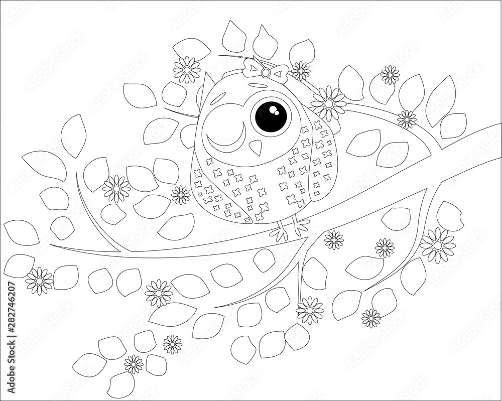 Fototapeta premium Coloring book for adult and older children. Coloring page with cute owl and floral frame. Outline drawing in zentangle style