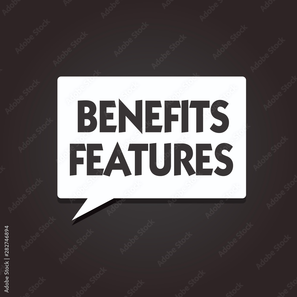 Text sign showing Benefits Features. Conceptual photo Making a product stand out from the crowd Value of it. Text sign showing Benefits Features. Conceptual photo Making a product stand out from the crowd Value of it.
