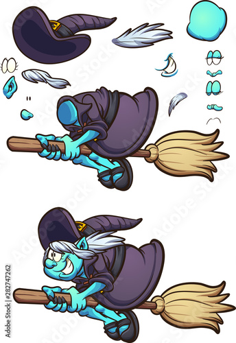 Cartoon Halloween witch character flying on her broom with different  face expressions, ready for animation. Vector illustration with simple gradients. Some elements on separate layers. 