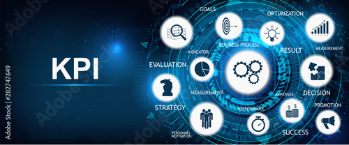 Key Performance Indicator. Kpi background with icons and keywords. intelligence metrics to measure achievement versus planned target. Kpi infographic web page vector banner