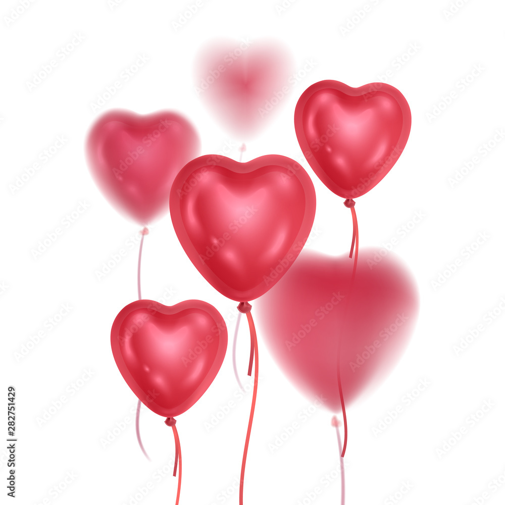 Realistic 3D glossy balloons of pink colors with blur effect. Balloons with shape of hearts Decorative element for party invitation design or greeting cards, Vector illustration