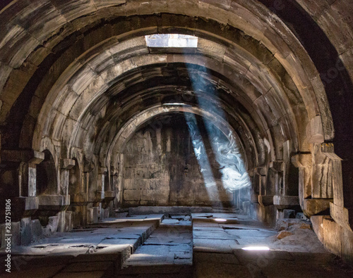 Smoke makes the light shafts visible in the Selim Caravanserai waypoint in Armenia along the Silk Road, built in 1332 AD