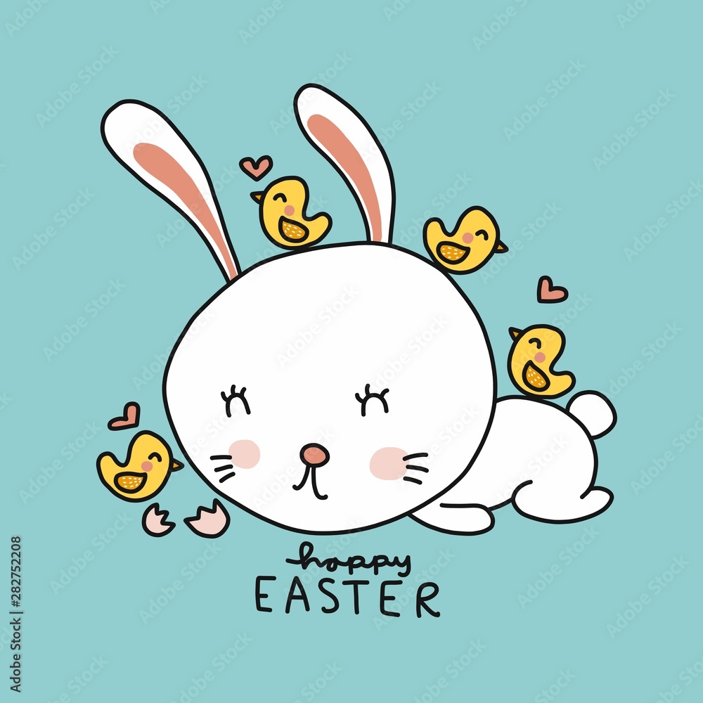 White rabbit and small birds, Happy Easter cartoon vector illustration doodle style White rabbit and small birds, Happy Easter cartoon vector illustration doodle style