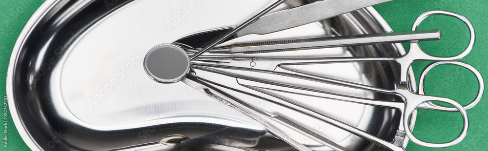 panoramic shot of set with stainless dental tools in plate isolated on green panoramic shot of set with stainless dental tools in plate isolated on green