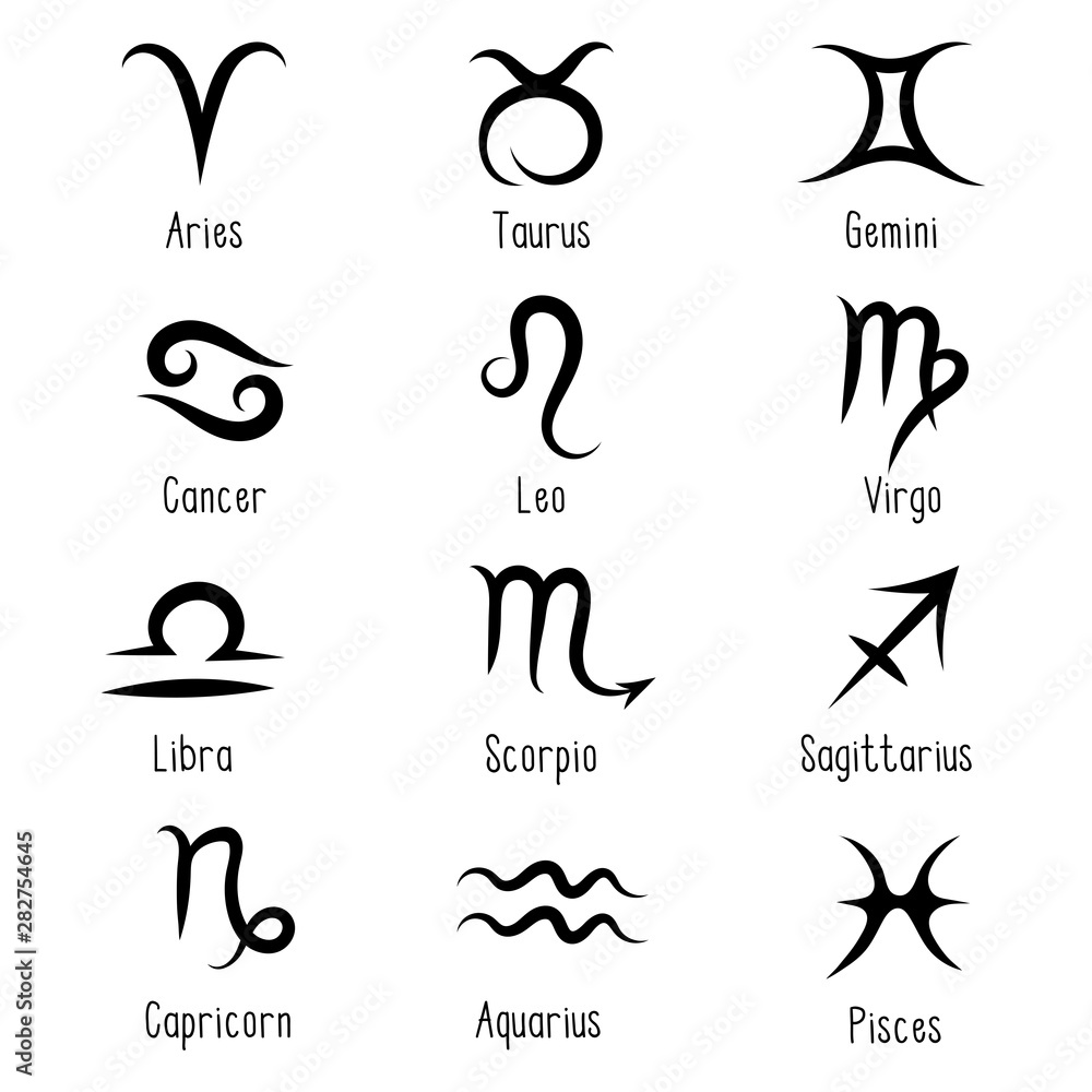 Horoscope. Set of 12 black zodiac signs, constellations with titles  isolated on white background: Aries, Taurus, Gemini, Cancer, Leo, Virgo,  Libra, Scorpius, Sagittarius, Capricornus, Aquarius, Pisces Stock Vector