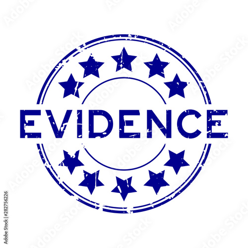 Grunge blue evidence word with star icon round rubber seal stamp on white background