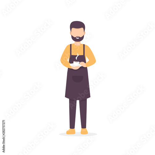 Restaurant staff character barista holding a cup of coffee. Flat vector illustration isolated on white background.