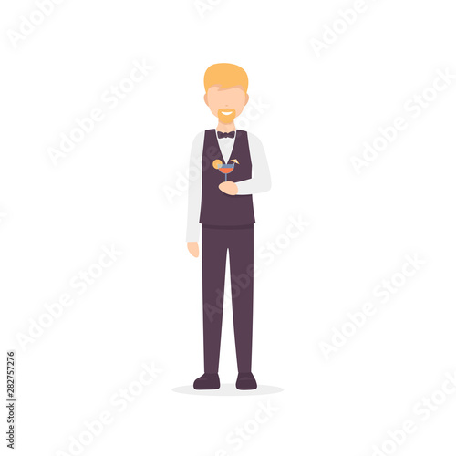 Restaurant staff character bartender with a drink. Flat vector illustration isolated on white background.