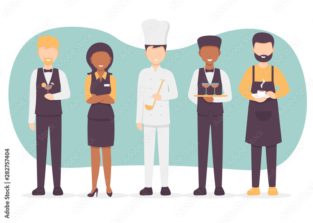 Restaurant team set. Chef cook, manager, waiter, bartender, barista characters. Catering professionals team personages. Flat vector illustration modern design. Restaurant team set. Chef cook, manager, waiter, bartender, barista characters. Catering professionals team personages. Flat vector illustration modern design.