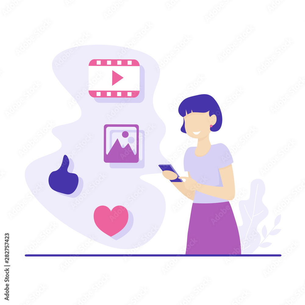 Business concept flat illustration. Girl holds phone and uses social networks. - Vector Business concept flat illustration. Girl holds phone and uses social networks. - Vector