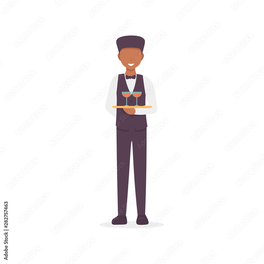 Restaurant staff character waiter man holding cocktails. Flat vector illustration isolated on white background. Restaurant staff character waiter man holding cocktails. Flat vector illustration isolated on white background.