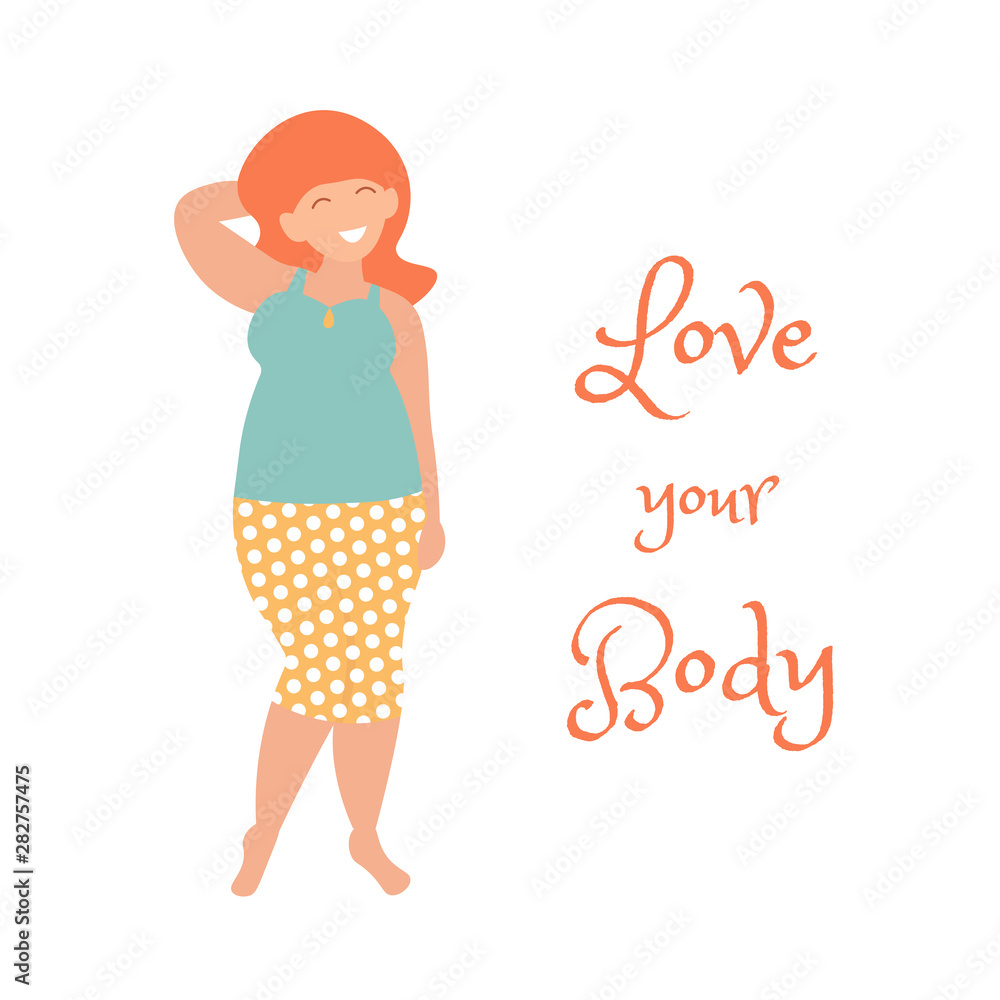 Woman plus size dresses. Modern female character design, lettering Love your body. Positive movement and beauty diversity. Flat vector illustration. Woman plus size dresses. Modern female character design, lettering Love your body. Positive movement and beauty diversity. Flat vector illustration.