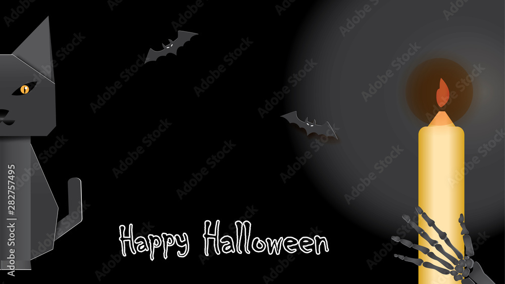 Fototapeta premium Background with origami cat,bats,ghost hand and Happy Halloween lettering.