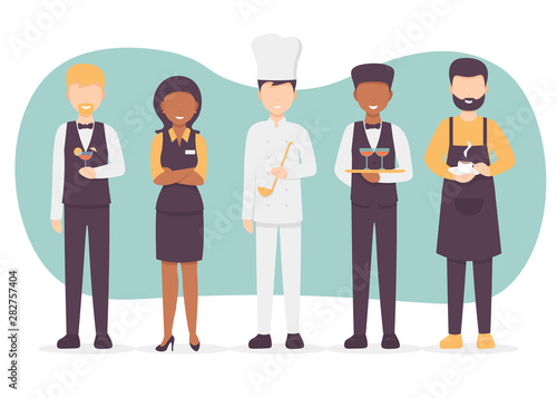 Restaurant team set. Chef cook, manager, waiter, bartender, barista characters. Catering professionals team personages. Flat vector illustration modern design.
