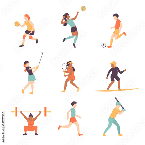 Professional sport activities set. Men Women sportsmen characters Basketball  Volleyball  Football  Golf  Tennis  Surfing  Weightlifting  Athletics  Baseball. Flat isolated vector illustration.